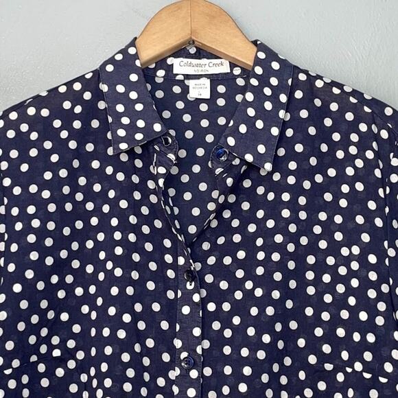 Coldwater Creek Button Up Shirt Womens Size Large No Iron Navy Polka Dot Preppy - Picture 3 of 12